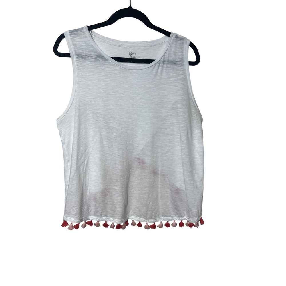 Loft Beach White Cotton Tassel Trim Tulip Back Tank Top Medium